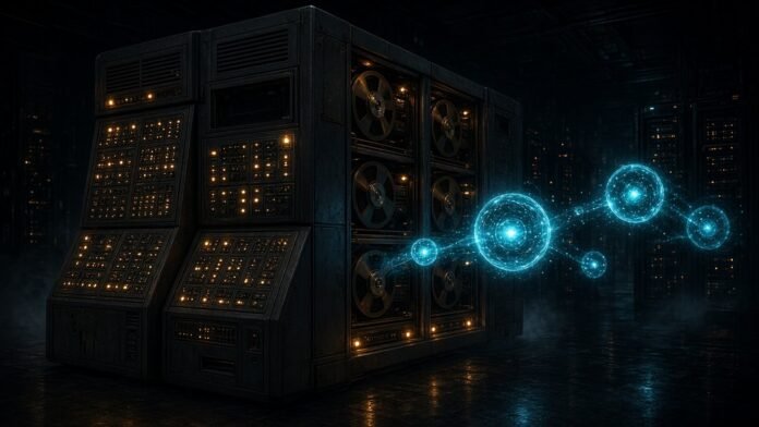 Mainframe tower linked by glowing circuit paths to a swarm of AI agent nodes