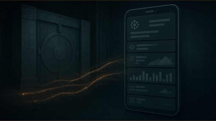 Romania's Central Depository Hit by Cyberattack | TSN A blank app screen with a faint amber intrusion trail beside a closed vault door.