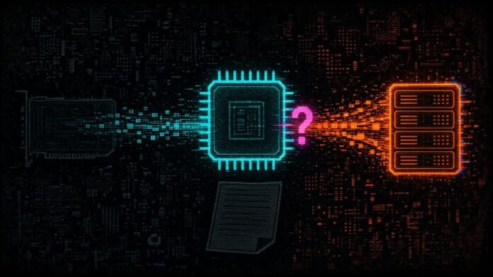 Symbol-only illustration of a ghost-outlined chip die with a thin stream of tiles flowing toward a faded empty graphics card and a thicker stream toward a bright orange server rack, a magenta question mark where the streams split, on a dark circuit grid.
