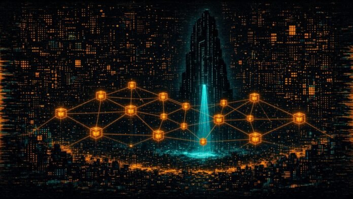 RunOnFlux: 12 Months of Development, Shipped and Planned Illustration in a dark cypherpunk style: a pixelated night-time city of orange lit windows, with a network of glowing orange cubes joined by thin lines in the foreground and a cyan beam of light rising from the centre toward a dark tower.