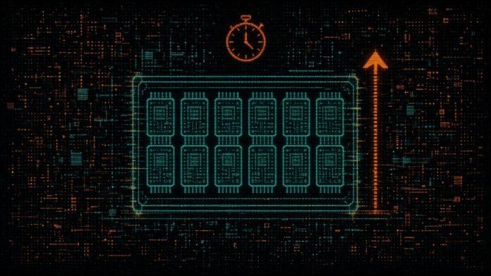RunPod Secure Cloud GPU Rates Rise: H100 $3.99, B200 $7.99 Symbol-only illustration of a rack shelf holding a row of identical chip dies, with an orange upward arrow beside the tallest chip and a stopwatch dial above, on a dark circuit grid.