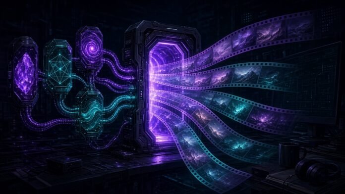 Dark terminal slab emitting glowing film frames along a ribbon of light with amber tokens