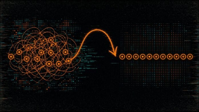 Rutgers and IBM: Nearly 5,000 Resets on Up to 100 Qubits Symbol-only illustration of a tangled magenta scribble-knot over a row of cyan qubit nodes, an orange feedback-loop arrow arcing above it, and the same row lying neat and evenly spaced on the other side, on a dark circuit grid.