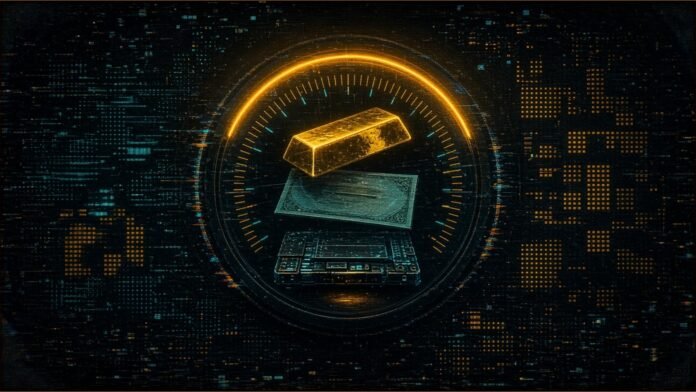 Dashboard gauge frozen at a timestamp with stacked RWA asset chips on a dark grid