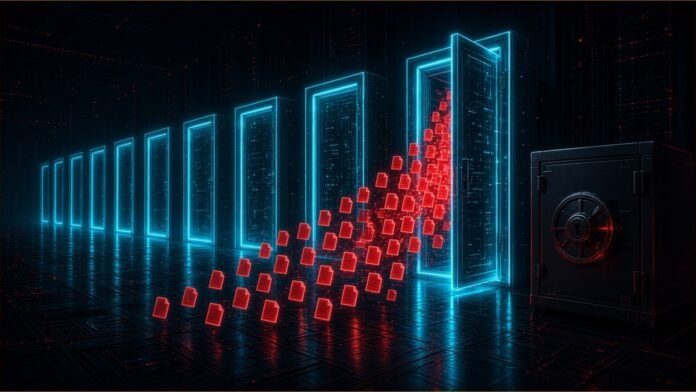 Illustration of a row of glowing gateway doors with red file icons leaking from an open one towards a vault