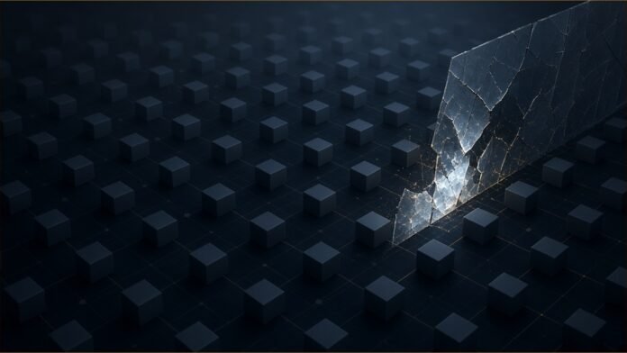 Illustration of rows of dark blank cubes on a grid beside a cracked translucent barrier leaking faint light