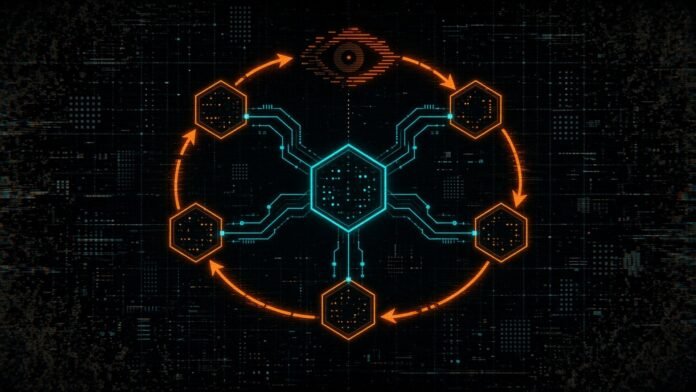 Sakana AI's MASS: A 27B Model Trains Itself, It Reports Symbol-only illustration of a central cyan hexagon wired to five small orange hexagons, linked by an orange loop of arrows, with a circuit-line eye above.