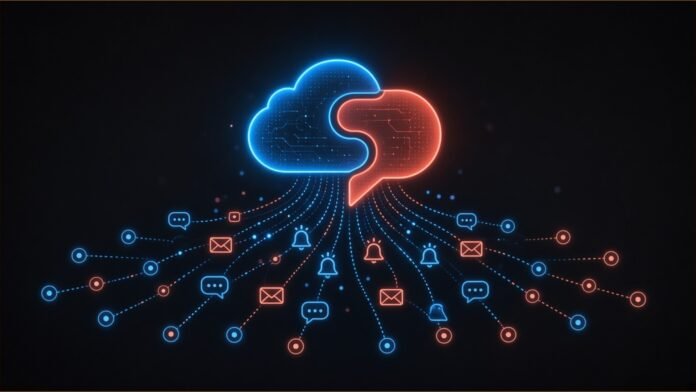 Salesforce to Buy Braze for About $5.66bn | TSN Illustration of a cloud and a speech bubble interlocking above streams of notification icons flowing to user nodes.