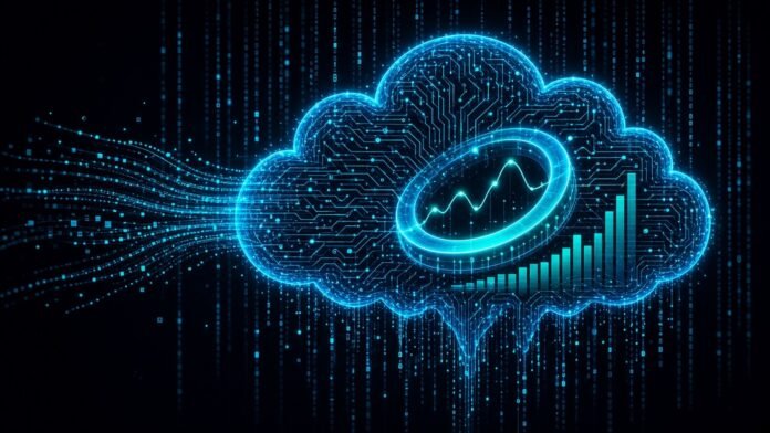 Neon circuit cloud absorbing a glowing analytics loop and bar charts