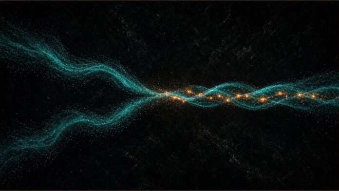 Illustration of two streams of teal light particles merging into one braided flow with amber nodes along the seam.