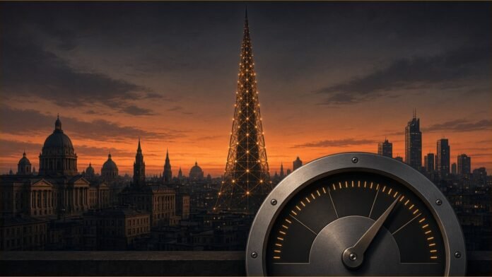 Illustration of a city skyline at dusk with a tower lit by network nodes and a steel gauge rising in the foreground.