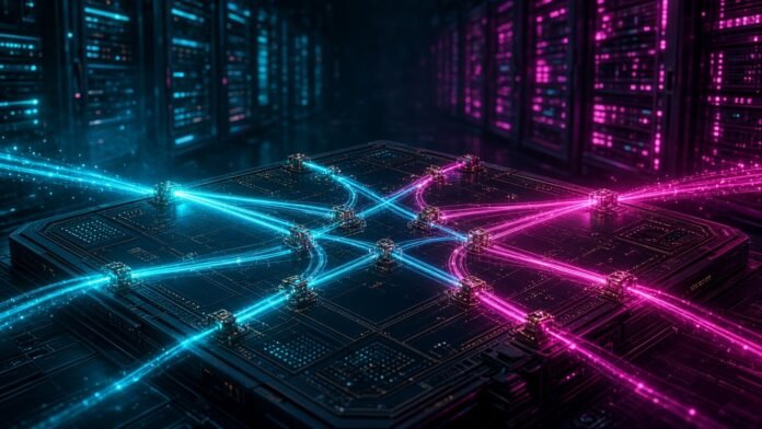 Beams of light entering a glowing silicon chip and redirected by tiny mirrors to many output paths