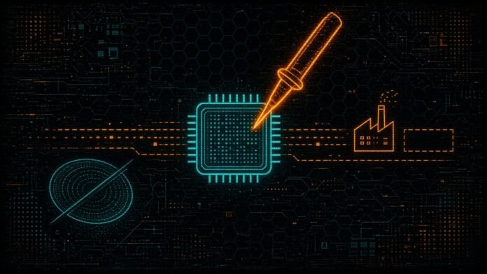 Symbol-only illustration of a memory chip on a conveyor line with a probe needle above it, a factory roof beside an empty dashed outline, and a struck-through wafer disc at the lower left.