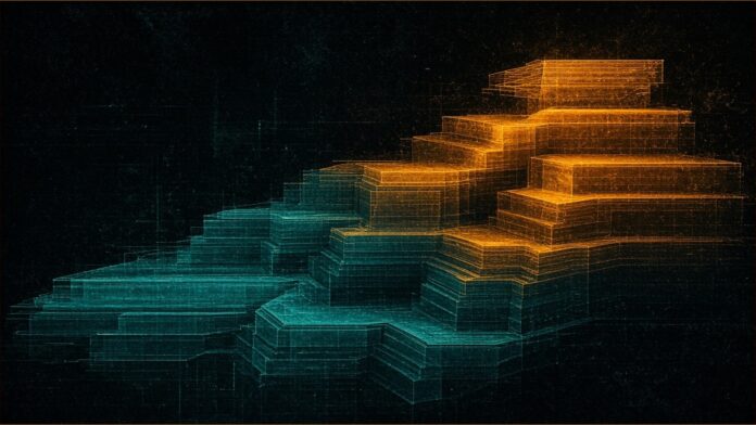 Illustration of stacked teal translucent layers rising in steps to amber at the top.