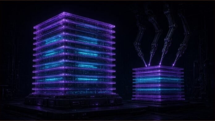 Samsung, SK Hynix Upgrade China NAND Plants | TSN Illustration of two glowing stacks of memory layers, with robotic arms extending the shorter one