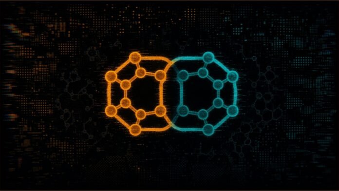 Two interlocking amber and teal molecular rings selecting a glowing candidate molecule