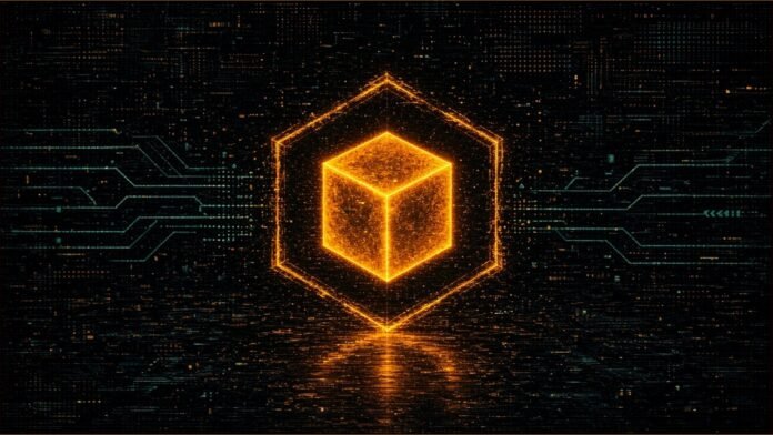 Illustration of a glowing amber cube standing inside a hexagonal boundary ring, with teal data lines approaching from both sides.