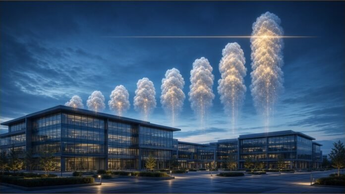 Illustration of glass office buildings at blue hour beneath a row of rising glowing cloud-shaped columns, the tallest crossing a thin line of light