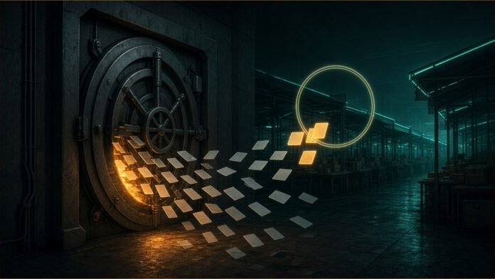 SBI Flags 3,897 Customer Records on Dark Web | TSN Illustration of a bank vault door ajar with data cards drifting out towards a dark market