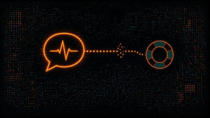 A speech bubble with a pulse line linked by a dotted path to a lifebuoy ring, with the path breaking off partway.