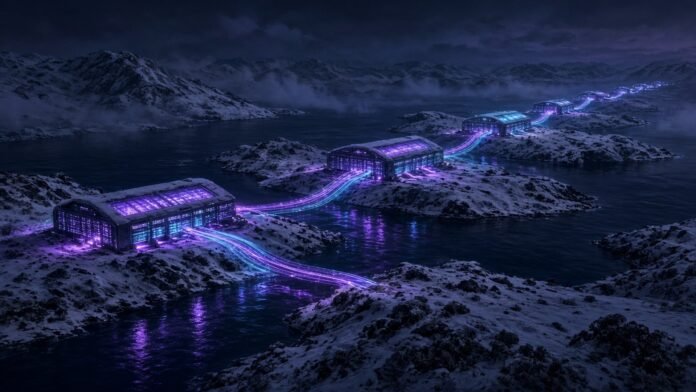 Scaleway Plans AMD MI355X in Stockholm, B300 in Copenhagen Chain of glowing GPU data halls linked by neon fibre across a snowy northern landscape