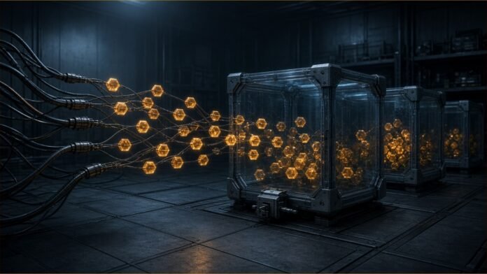DOJ Scam Strike Force Has Restrained $938m in Crypto | TSN Illustration of glowing amber hexagonal tokens flowing along cables into transparent steel containment cubes in a dim vault
