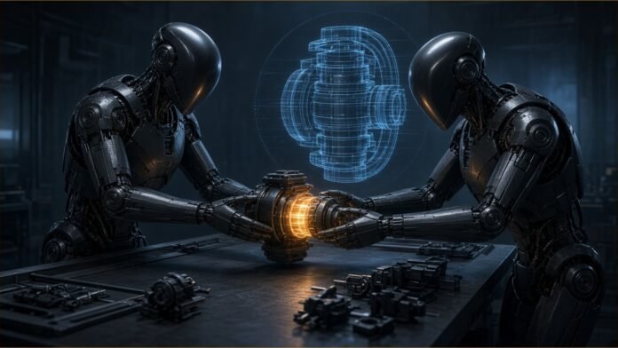 Illustration of two humanoid robots fitting a glowing actuator into a joint module beside a wireframe model.