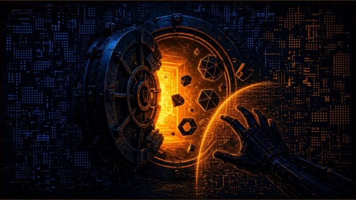 Neon trading desk with crypto coins unlocked and rogue AI agent icons blocked by a shield