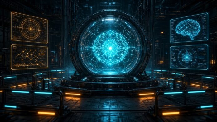 Glowing AI core sealed in a containment chamber