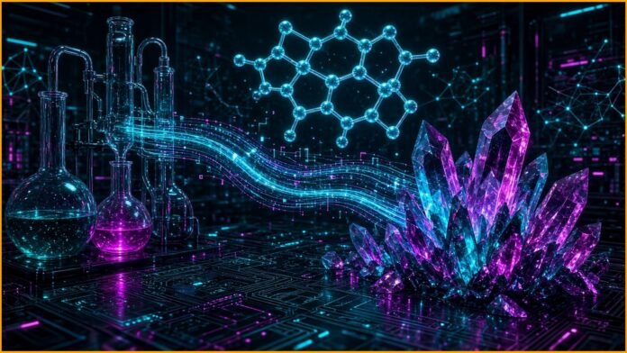 Glowing molecule-like nodes flowing from small factory silhouettes towards distant globe points