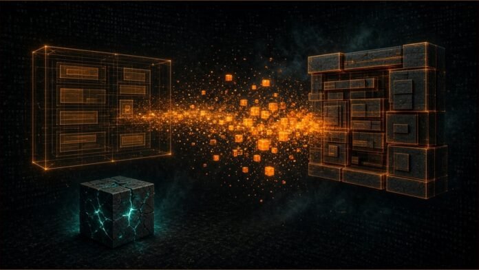 Illustration of an abstract mock-up dissolving into amber light blocks that rebuild it as a solid panel, beside a cracked container.