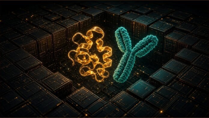 Scripps Gets 14M GPU Hours From Huang Foundation | TSN Illustration of a protein ribbon and antibody inside a lattice of GPU chips.