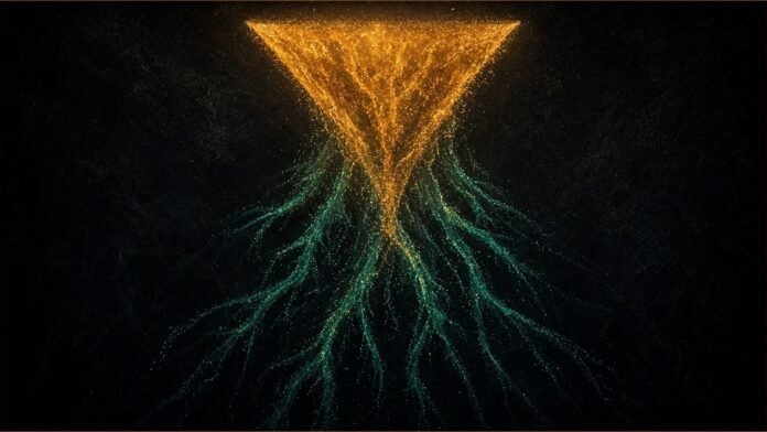 Illustration of an amber cascade of particles branching down into fading teal streams.