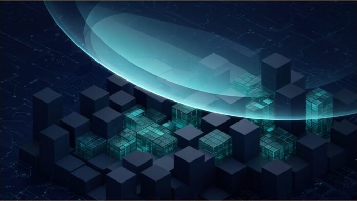 SEC 2027 Exam Priorities: SI, Tokenisation, AML | TSN Illustration of a translucent glowing lens sweeping over a grid of dark slate blocks and glowing teal tiled cubes on a navy circuit background
