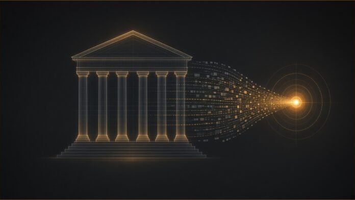 SEC Sets Super Intelligence Data Roundtable | TSN Illustration of a columned building outline with data streams flowing into a glowing node.