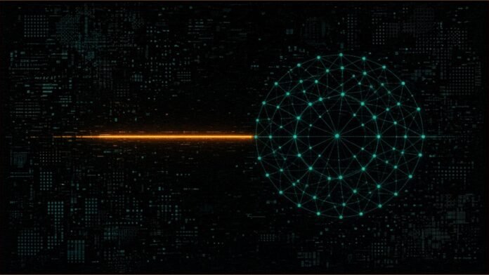 Securitize Plans Stellar Integration, No Assets Named | TSN Illustration of a single amber line reaching towards a sphere of linked teal nodes.