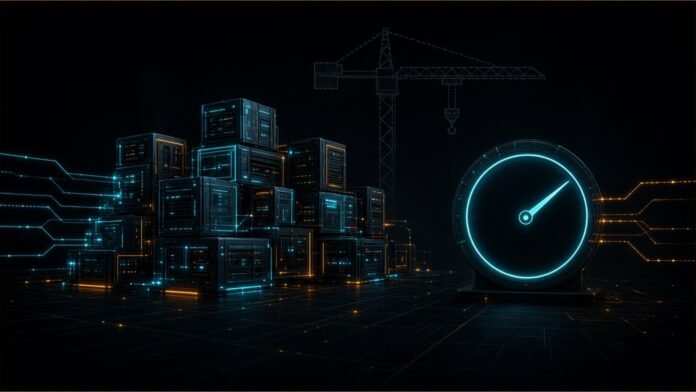 Illustration of stacked glowing server-hall modules beside a gauge near its upper limit, under a faint construction crane outline.