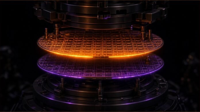 Cypherpunk symbol-only scene: two silicon dies descending onto a glowing wafer along a looping magnetic track, copper-pad grids aligning with laser crosshairs, faint circuit traces on a dark background