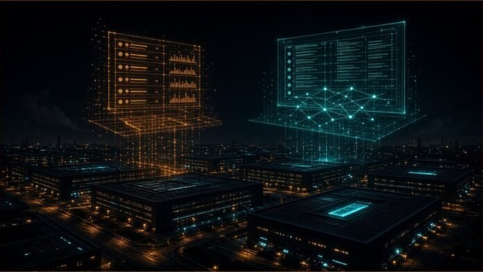 Data centre hall of server racks drawn in glowing blue lines, with a translucent tax form grid and a magnifying lens