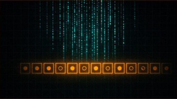 Illustration of teal streams of bars falling into a row of glowing amber frames holding simple circles.