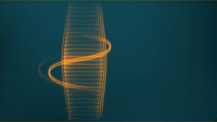 Illustration of SenseNova Loop concept in teal and amber: a tall stack of thin translucent layers with a bright amber loop circling its middle section and a faint echo trail beside it.