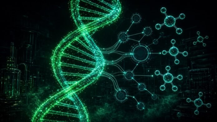 Glowing pipeline of lab nodes feeding an AI core that branches into discovery paths