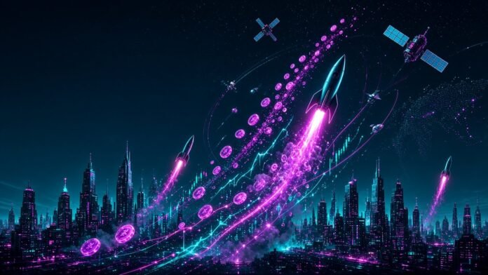 Rising column of glowing coin-like discs launching on a rocket trail of light into a starfield