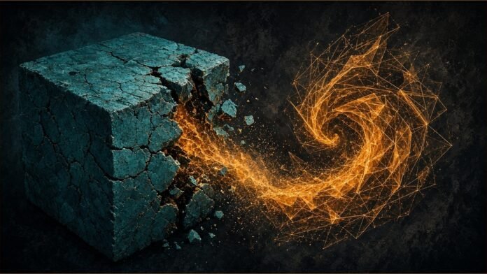 Illustration of a cracked teal block releasing amber lines into a spiral.