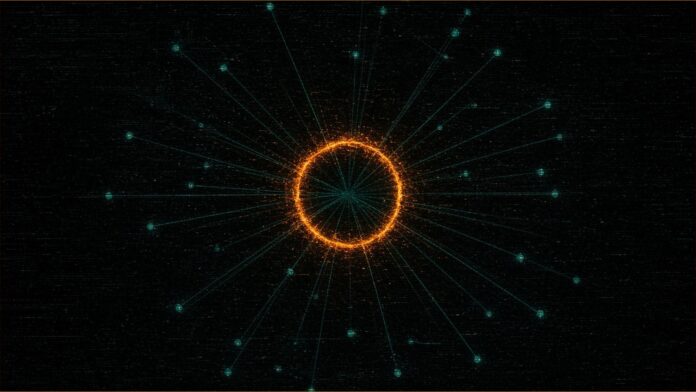 Illustration of an amber ring of light with teal lines radiating to points around it.