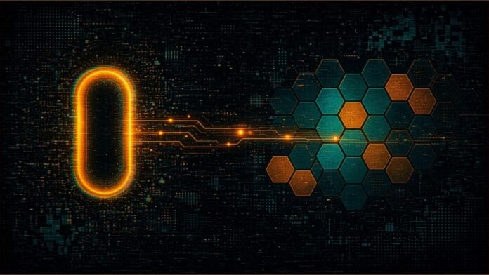 Illustration of a glowing amber rounded outline linked by a bright circuit trace to a cluster of teal and amber hexagonal tiles.