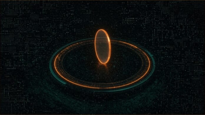 Illustration of a glowing amber disc standing on edge on a circular track beside a steady teal rail of light