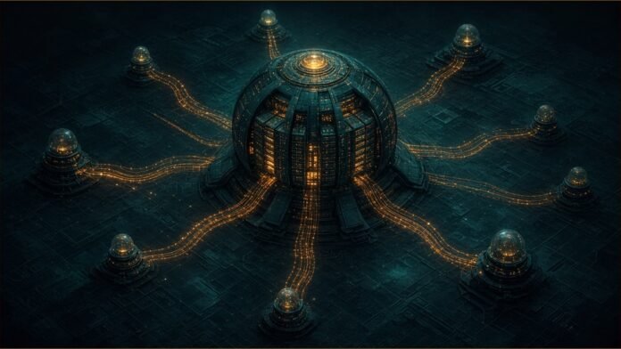 A spherical supercomputer core linked by amber lines to surrounding nodes.