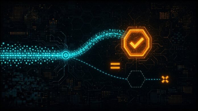 Shadow Traffic Testing: How Mirroring Works and How to Set Up Symbol-only illustration of a stream of packets forking to a solid orange hexagon marked with a check and a dashed shadow hexagon with a discarded cross, with a compare glyph between them.