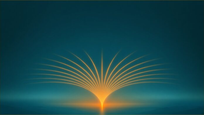 Illustration of SpaceX share gift concept in teal and amber: a single amber beam rising from a glowing teal horizon and fanning out into many even, thin amber streams of light.